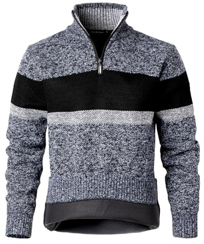 Harbrosrce Pull Homme en Tricoté 1/4 Zip Pullover Rayées Sweater Col Montant Doublé de Polaire Pull-Over Confortable Chemise Chandails