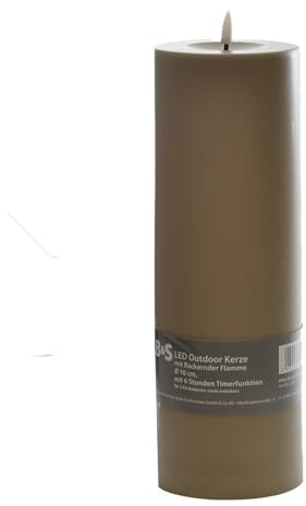 B & S LED Kunststoffkerze Outdoor taupe 30 x Ø 10 cm Flackerflamme & Timer