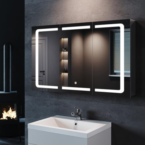 SONNI Spegelskåp badrum med belysning 105 x 65 cm, 3 dörrar med touchströmbrytare, 3 justerbara ljusfärger, trådlös gångjärnsdesign, LED rostfritt stål, spegelskåp med uttag