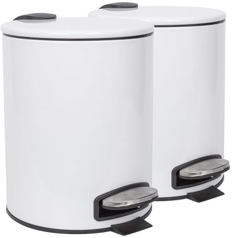 Harbour Housewares 5L Bathroom Bins - White - Pack of 2 - Round Stainless Steel Pedal Bin Slim Kitchen Rubbish Trash Can Garbage Dustbin with Lid and Inner Bin Liner Bucket
