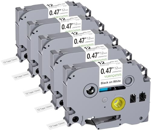 5x Yuanqimm Kompatibel für Brother P touch Bänder TZe-231 TZe231 TZ231 TZ-231 12mm 0,47 Schriftband Schwarz auf Weiß Band für PT-D400 PT-H100LB H105 D200 1000 H110 H101 H107B D210