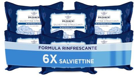 Acqua alle Rose, Salviettine Struccanti Rinfrescanti per tutti i Tipi di Pelle, con Acqua Distillata di Rosa Damascena, Azione Struccante su Viso, Occhi e Labbra - 6 Confezioni da 20 Salviettine