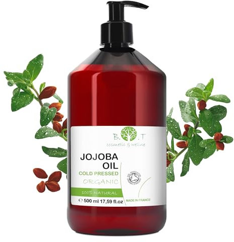 Öl für die Augenpartie, Gesicht und Haare, Bio-Jojobaöl - Unvergleichliche Vorteile, Feuchtigkeitsspendend, Wasserfester Make-up-Entferner, Stärkt das Haar, Anti-Akne-Lösung, Lippenbalsam - 500 ml
