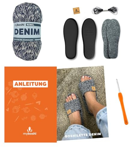myboshi Häkelset Denim Boshiletten, Botties Sohlen-Set, Denim Garn, Häkelnadel, Anleitung, Label, 50% recyceltes Denim, 50% Baumwolle (Bio), Dunkelblau (Rebel) Größe L (41/42)