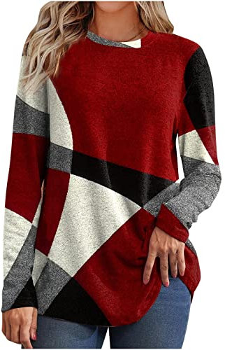 Fall Winter Fleece Tops for Women UK 2024 Casual Long Sleeve Crewneck Pullover Shirts Dressy Trendy Geometric Print Blouse Ladies Elegant Color Block Sweater Jumper Tops