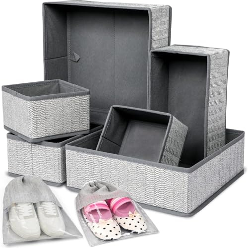 Mintry Drawer Organisers Pack of 6 wardrobe storage organizer with Sturdy Fabric & Foldable Cardboard Inserts - Organiser storage for Underwear,Clothes,Socks & Ties,Trousers With 2 Bonus Shoe Bags..