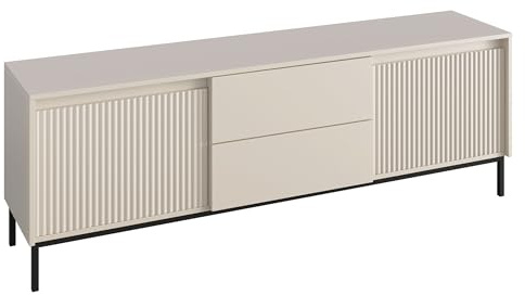 Mirjan24 TV-Lowboard Ozmi 2K2SZ mit 2 Türen und 2 Schubladen (Cashmere) | Fernsehtisch mit geriffelten Fronten, Push-to-Open-System und Metallgestell für Mediengeräte und Wohnaccessoires