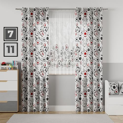 Gardinen Vorhangen Weiß 140x240 cm (BxH) Fußbälle Rot Kinderzimmer Stores Gardinen mit Kräuselband Kurz Lang Scheibengardine Vorhänge Fertiggardine Satin-Stoff