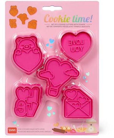 Legami - Formine per Biscotti Super Cute, Cookie Cutters, Set di 5 Forme Diverse con Timbro, Orsetto, Cuoricini e LOVE, Adatte anche ai Bambini