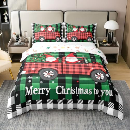 Loussiesd Kinder Frohe Weihnachten Baumwolle Bettwäsche Set 220x240cm Weihnachtsmann Schwarz Grün Plaid Bettbezug für Jungen Mädchen Weihnachtsbaum Auto Betten Winter Happy New Year Theme Bettwäsche