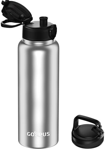 GOPPUS 1.2L/40oz Stainless Water Bottle Double Wall Insulated Bottles with Strap Large Vacuum Thermal Flask Leakproof Keep Cold Drinks Bottles with Flip Top Lid for Men Women BPA Free