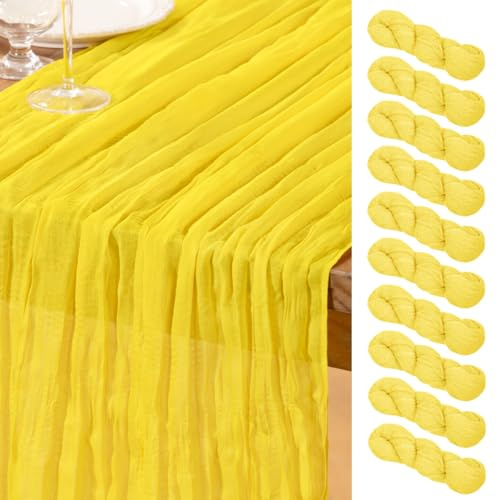 DeZerlor Lot de 10 chemins de table en mousseline jaune citron pour mariage, fête prénatale, fête prénuptiale et Pâques - Gaze Boho - 305 cm - Décor de table en tissu fromage jaune pour mariage, fête