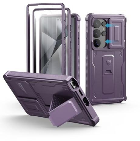 Dexnor pour Coque Samsung Galaxy S25 Ultra【Double Cadre Avant et Support】 avec CaméRa Coulissante Intégrée & Protecteur d'écran, Coque de Protection Robuste Résistante Aux Chocs - Fantôme Violet