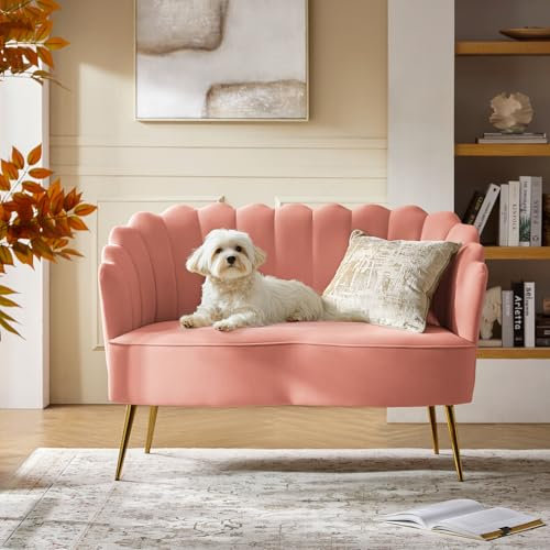 Zweisitzer-Sofa aus Samt mit Rückenlehne in Blumenform, goldfarbene Metallbeine, für Wohnzimmer, Schlafzimmer, Wohnzimmer