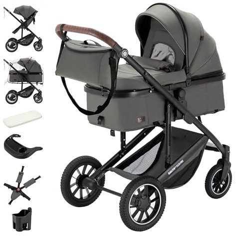 Daliya® FLEXI-PRO M 2in1 Kombikinderwagen & Buggy – XXL-Set, Reise-Kinderwagen mit Einhand-Abnahme, Wetterschutz, Sportsitz, Wickeltasche, Spieltisch, Regenschutz, dicke Matratze (Grau-Grün)