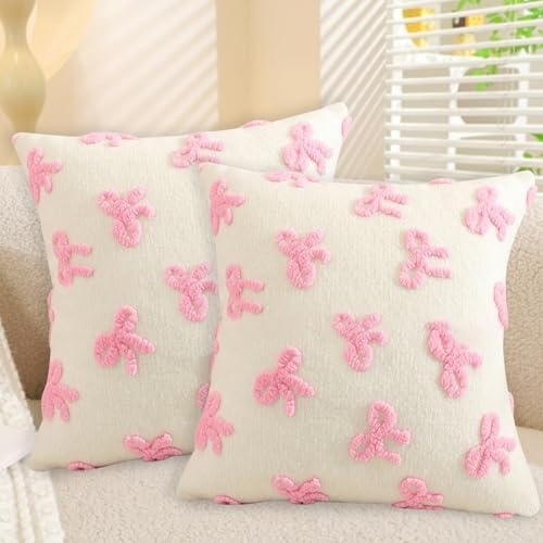 FUFRE 2 Stück Schleife Kissenbezug 45x45 cm, Kissenbezüge Schleifen 45x45 Deko Wohnzimmer Modern Kissenhülle Zimmer Deko Aesthetic Zierkissenbezüge Muttertag Dekokissen Geschenk für Mama (Rosa C)