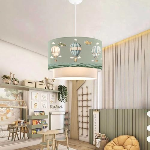 lux.pro Lampada a Sospensione per Cameretta Lampadario per Bambini Lampada da Soffitto con Doppio Paralume Cilindrico Decorato con Mongolfiere - Verde