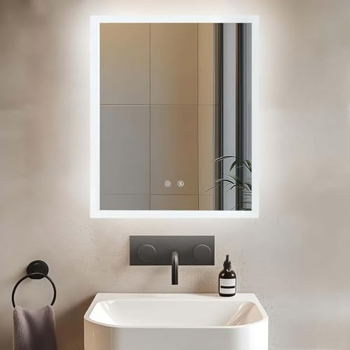 LUVODI Miroir Salle de Bain avec Éclairage 60x50 cm : Miroirs LED Rétroéclairé Anti-Buée, Luminosité Dimmable et 3 Couleurs Réglables, Fonction Mémoire, Verre HD, Étanche IP66, Température 3000K-6000K