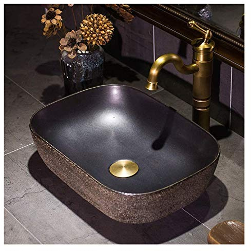 Lavabo de baño, mueble de baño con lavabo, lavabo de encimera, lavabo vintage negro rectangular sobre encimera, lavabo de cerámica de porcelana