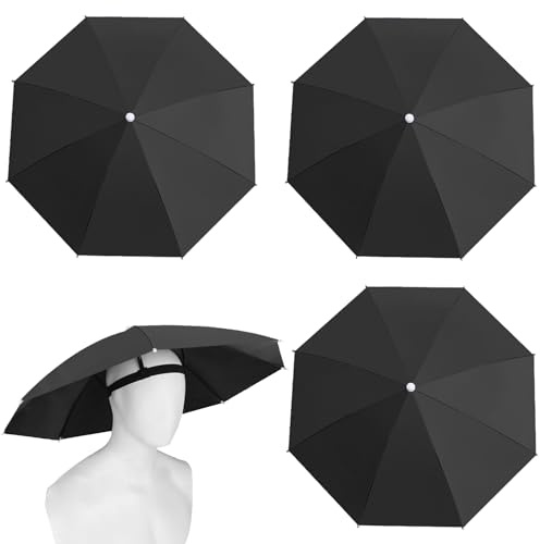 MUFEKUM 4 Pack Umbrella Hats, 27 Hands-Free Head Umbrealla Hats for Adult, Folding Waterproof Umbrella Cap With Head Strap for Outdoor Party, Fishing, Sun, Rain, Beach (Black)