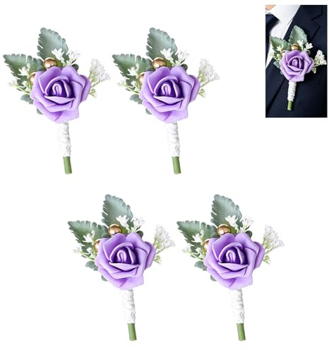 GIONAR 4 Pcs Button Holes Flowers Wedding, Handmade Rose Wedding Boutonniere Set, Artificial Corsage Flowers for Groom Men Bridal Women Prom Banquet, Buttonholes for Bridesmaid Groomsman (Purple)