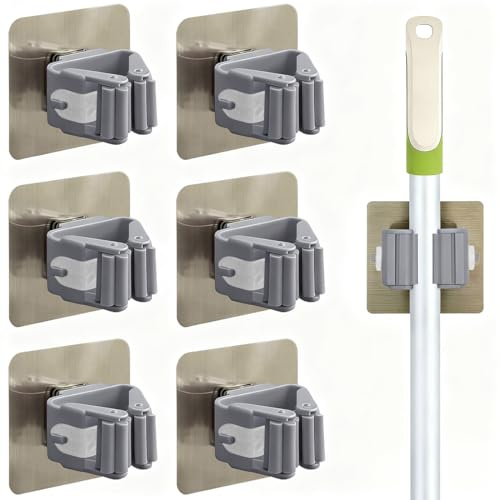 EJRUP 6 Stück Besenhalterung Wand Selbstklebend, Wandhalterung Besen, Besenhalter Selbstkleben, Aufhänger für Besen, Mop Halterung Ohne Bohren,Geeignet für Besenstiel, Küche, Bad, Garten, Garage(Grau)