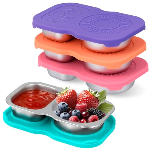 Yuecda 4-Piece Double-Compartment Salad Dressing Container Set | Stainless Steel Condiment Cups with Leak-Proof Silicone Lids | Ideal for Lunch, Bento Boxes, and Snacks on the Go