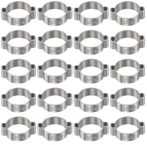 sourcing map 20pcs Double Ear Hose Clamp 15-18 mm 304 Stainless Steel Hose Clamp Double Ear O Clips Crimp Rings for Fuel Line Pipe Tube Fitting Connections, Silver