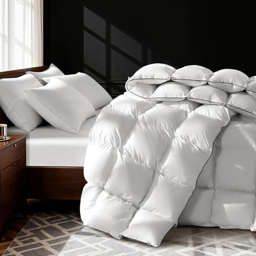 AiAngu Canadian Goose Down Comforter King Size, Ultra Soft 1200TC Cotton Cover, 950 Fill Power Thick Duvet Insert, Luxurious Warm Bedding Comforter for All Season (White, 106x90)