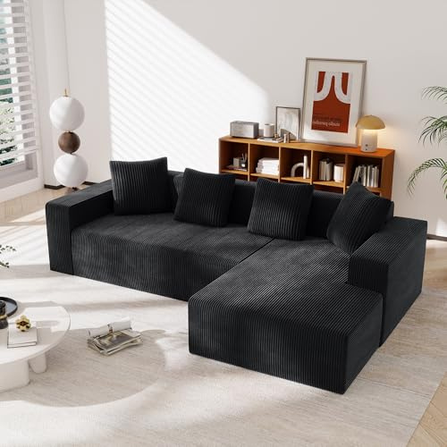 Bladez Sofá Cloud Modular Completamente Comprimido en Forma de L con Chaise Longue, Sofá Profundo, Sofá Tapizado Sin Huesos sin Montaje, Sofá Moderno para Salón y Dormitorio (Negro + 3 Plazas)