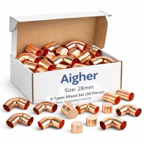 Aigher 28mm Copper End Feed Plumbing Fittings Kit, 6 Types Mixed Set, 30 Pieces, Elbows, Tee, Coupling & Stop End for Heating and Water Systems