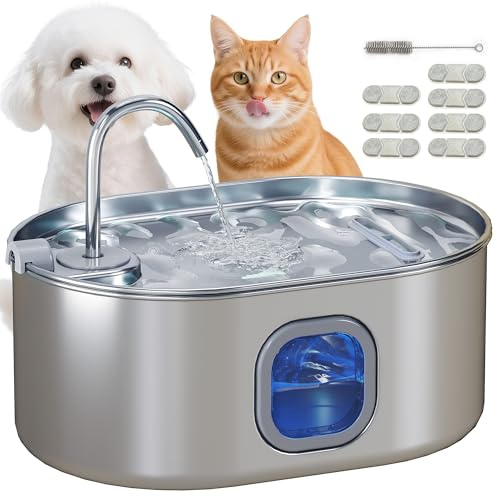 PawHut Fontanella per Cani Gatto da 7L con Luce LED, 7 Filtri di Ricambio e Spazzola, Fontana per Gatti in Acciaio Inox 304, 32x22.1x22.3 cm, Colore Argento