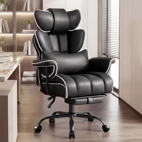 Ckaff Bürostuhl Chefsessel Ergonomisch, Gaming Stuhl aus PU Leder, Bürostuhl 200kg mit Fußstütze und Lendenwirbelstütze, Schreibtischstuhl mit Verstellbarer Rückenlehne (Schwarz)