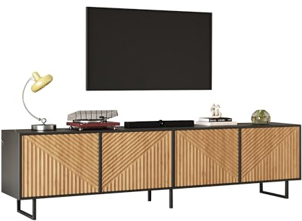 Muskel 180cm TV Stand for 75-80 TVs, Media Console with 4 Storage Cabinets & Cable Holes, Industrial Black & Wood Lowboard, Sturdy Metal Legs