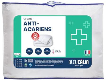 Bleu Calin Couette Chaude Anti-Acariens 240x260 cm, Pour lit 2 personnes, Enveloppe douce microfibre, Fabriquée en France