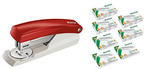 Leitz 5501 Bürohefter Klein NeXXt, 25 Blatt, inkl. 5 Packungen je 1000 Heftklammern, rot