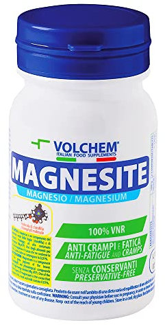 Volchem Magnesite, Integratore Alimentare di Magnesio, Contrasta Crampi e Fatica, 100% VNR, Senza Conservanti, Coloranti e Zuccheri, Barattolo da 60 Compresse, 66 g