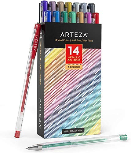 ARTEZA Metallic Gelstifte 14er-Set, bunte Gelschreiber in metallischen Farben, hochwertige Gelroller mit 0.8-1.0 mm Stiftspitze