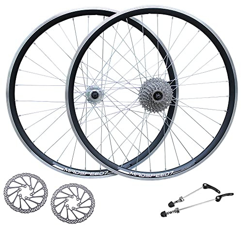 Madspeed7 700c 28” (ETRTO 622x19) Hybrid Bike Wheel Set + 9 speed Freewheel (13-32t) + 160mm Disc Rotors - Sealed Bearings (6 Bolt) Disc Brake Hubs (Very Smooth Hubs) - Double Wall - 32x Spokes