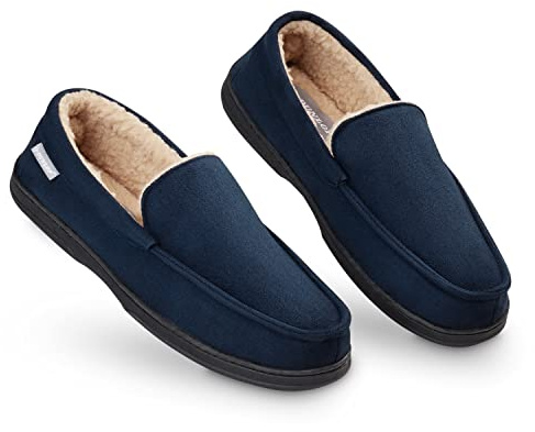 Dunlop Mockasins tofflor män | Moccasin loafers faux fårskinns tofflor med gummisula | Classic Memory Foam Plush House tofflor | Andningsbara utomhusskor inomhus, 9 Storbritannien, Marin