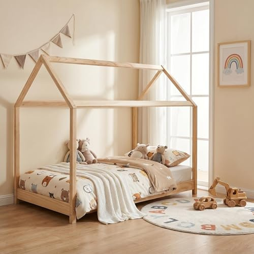 Panana Wooden Kids House Bed Frame, Solid Pine WoodTreehouse Style Childrens Floor Bed Frame for Toddlers and Children (Wood)