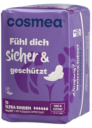 cosmea Ultra Binden für die Nacht mit Flügel Vorteilspack (12 x 10 Stück) Hygiene-Einlagen made in Germany