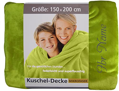 Krings Fashion Wohn- und Kuscheldecke 150 x 200 cm - Individuell anpassbar mit Namen und Text Bestickt - extra weiche hochwertige Decke - Farbe Grün-personalisiertes Geschenk