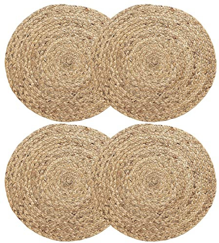WENFOME 4 Pieces Round Woven Placemats, 13 inch Plate Chargers Natural Wicker Placemats Water Hyacinth Straw Braided Tablemats Rattan Tablemats Rustic Weave Placemats for Table Decoration