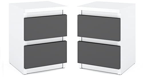 MRBLS_HOME Nachttisch 2er Set Nachtschrank Nachtkommode Modern Möbel mit Schubladen Kommode Holz Schubladenschrank für Ihr Schlafzimmer (Weiß Matt - Grau Matt) – 32,5 x 43 x 30 cm (B/H/T)