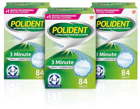 Polident 3 Minute Denture Cleanser Tablets - Cleans Removable Oral Appliances, Clear Retainers, and Mouth Guards - 84 Count (Pack of 3)