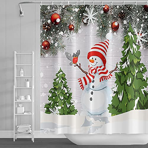 SDOTPMT 105x160cm Carina Pupazzo di Neve Tenda da Doccia Natalizia - Albero, Sfera Rossa, Strisce Bianche, Cappello, Sciarpa - Bagno Poliestere con Ganci - Plancia in Legno