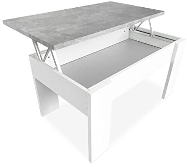 Duérmete Online, Mesa de Centro Elevable, Mesita de Salón o Comedor, Acabado en Color Blanco con Tapa Gris, Medidas, 90 cm (Ancho) x 50 cm (Fondo) x 46, 57 cm (Alto), Madera, 90 x 50 x 46, 57 cm