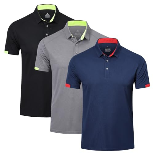 HUAKANG 3 Piezas Polo Hombre Manga Corta Deporte Ocio Secado Rápido Transpirable Camiseta Golf Polos Hombre 0506-Black Grey Navy-L