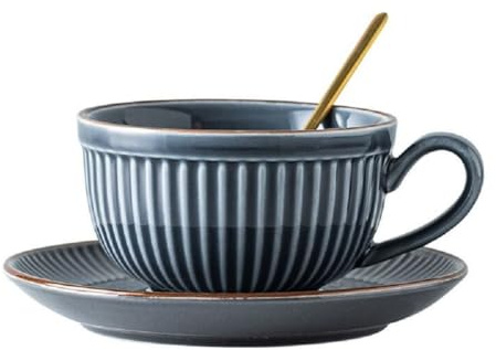 FülleMore Retro Keramik Teetasse Espressotassen mit Unterteller 280ml Kaffeetasse Cappuccino Tassen mit Löffel Teetasse Porzellanbecher Geschenktasse Set (Blau)